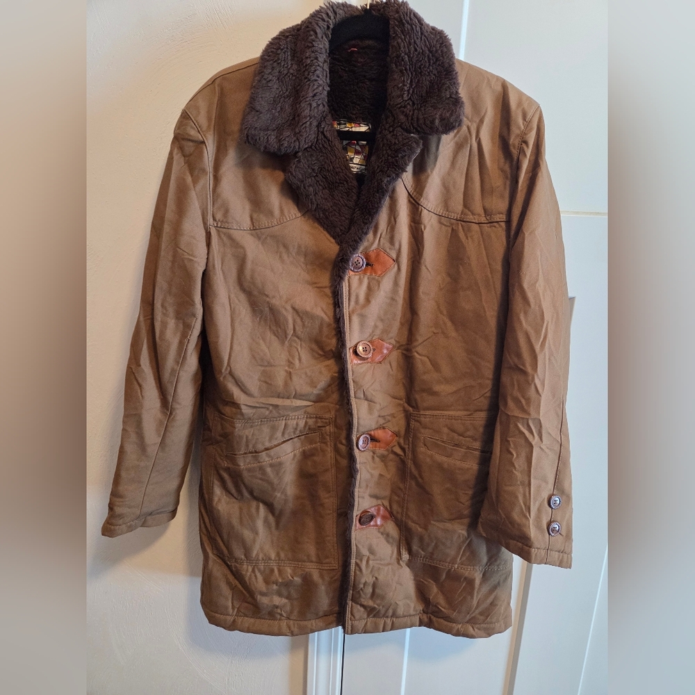 Vintage Brown Canvas Military Chore Coat Sherpa Collar Utility Men's Size XL